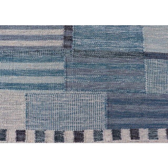 Scandinavian Style Flat-Weave Rug With Modern Design in Gray, Black, and Blues 9'2 X 11'7 For Sale - Image 9 of 10