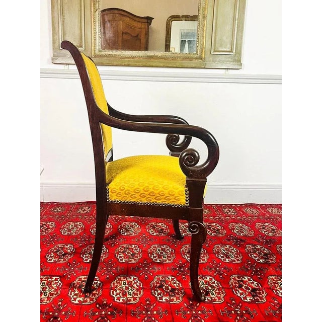 Black French Carved Wooden Armchair with Yellow Velvet, France, 1820 For Sale - Image 8 of 13