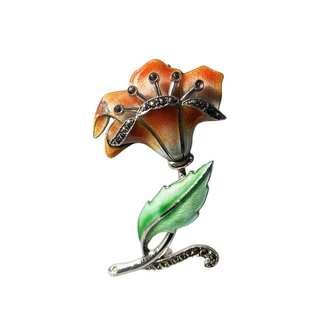 Mid-Century Modern Vintage Sterling Silver Enamel Marcasite Flower Brooch For Sale - Image 3 of 6