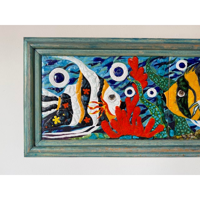 1980s Vintage Handcrafted Ceramic Mosaic Fish- Aquatic Panel Wall Art – Framed For Sale - Image 5 of 12