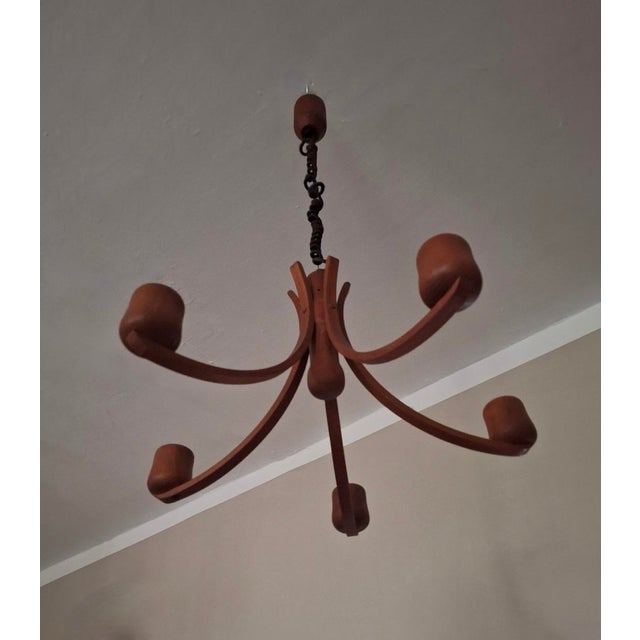 Danish teak chandelier by Domus with 5 arms, 1970s, 60 cm diameter, height variable between 100 cm and 175 cm. I have...