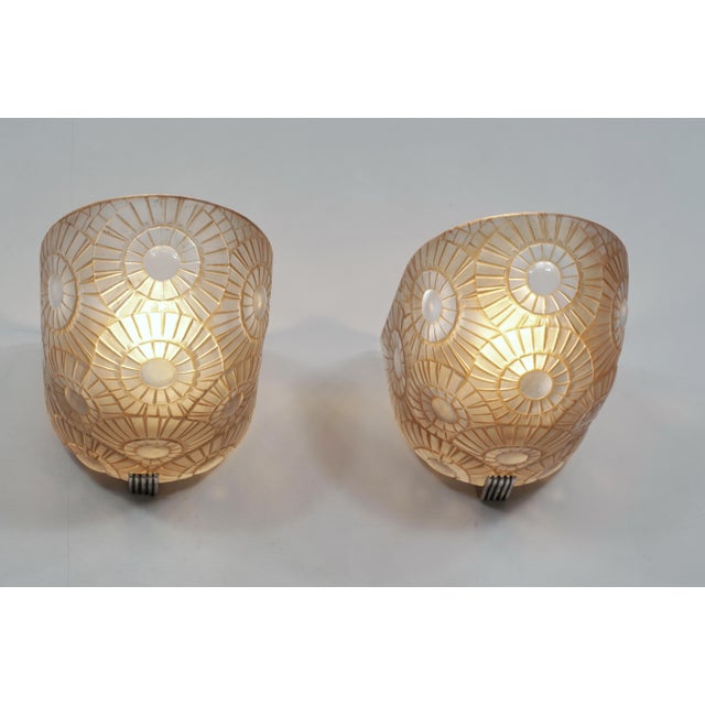 1930s Simonet Freres French Art Deco Patinated Floral Glass Pocket Wall Sconces 1930s - A Pair For Sale - Image 5 of 14