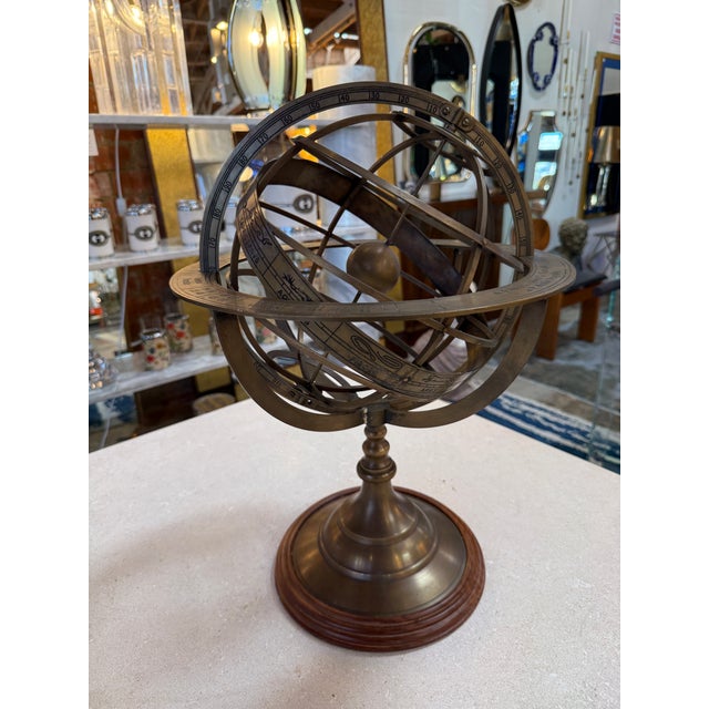 Metal Brass Armillary Sphere on Wooden Base, Celestial Decorative Object For Sale - Image 7 of 7