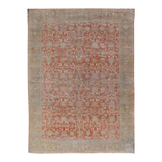 Antique Persian Sultanabad Rug With Floral Soft Red Field and Pale Blue Border For Sale