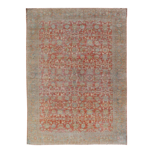 Antique Persian Sultanabad Rug With Floral Soft Red Field and Pale Blue Border For Sale