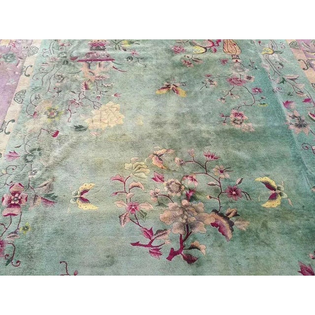 Art Deco 1920s Green Celadon Floral Vase Antique Chinese Art Deco Carpet 10' X 15'6" Knotted Wool Rug For Sale - Image 3 of 10