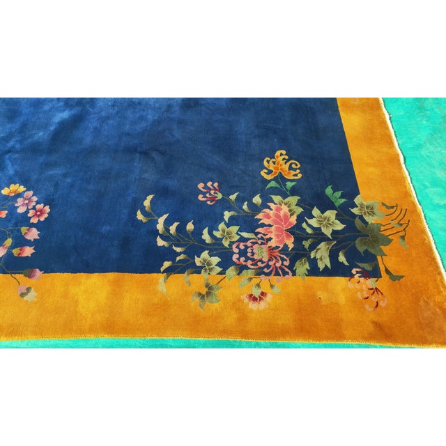 Early 20th Century 1920s Royal Blue Floral Antique Chinese Art Deco Rug 8'9" X 11'4" Handknotted Wool Carpet For Sale - Image 5 of 6