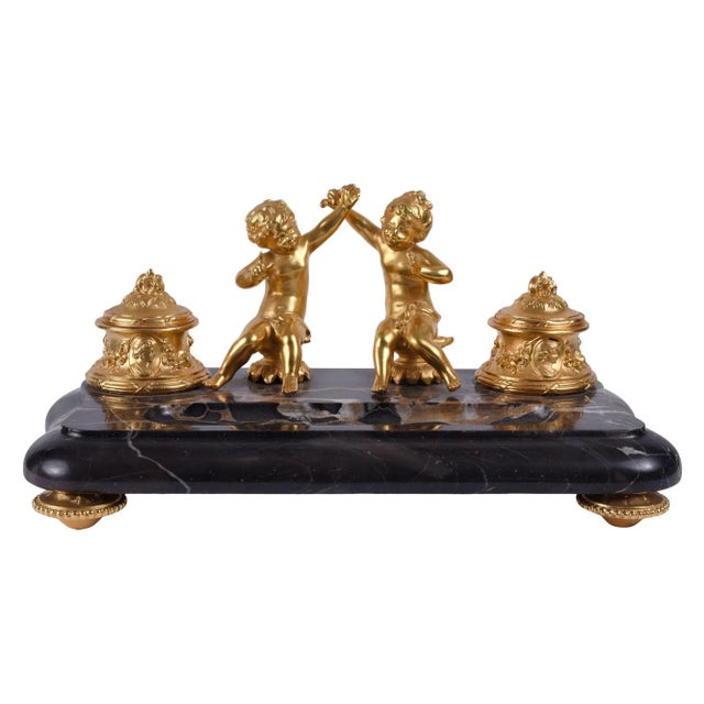 Metal 19th Century Dore Bronze Cherub Marble Inkwell For Sale - Image 7 of 11