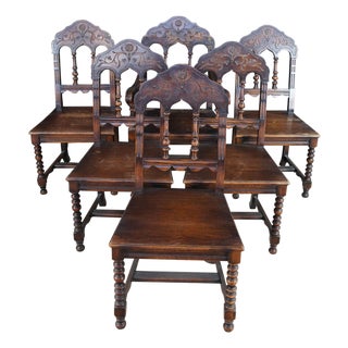 6 Antique Jacobean Spanish Revival Oak Dining Chairs Gothic Arched Back For Sale
