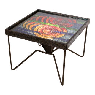 Mid-Century Wrought Iron and Glass Mosaic Side Coffee Table, France 1960s For Sale