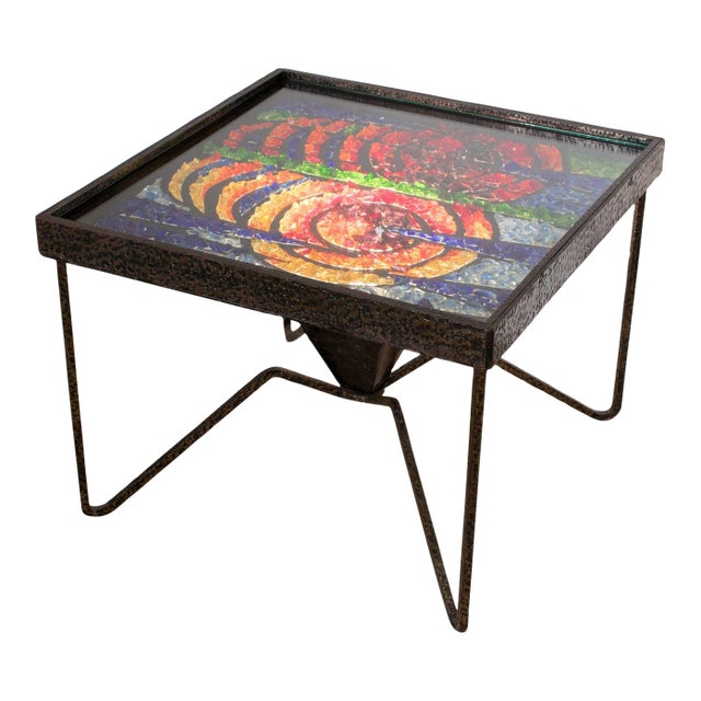 Mid-Century Wrought Iron and Glass Mosaic Side Coffee Table, France 1960s For Sale