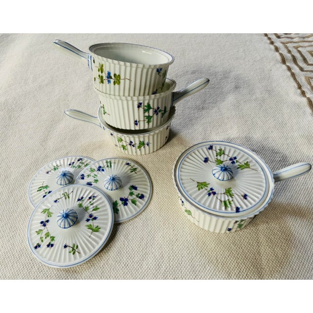 1930s French Art Deco Pot De Crème Set of 4 - Hand-Painted Porcelain With Lids, Diplomat's Estate For Sale - Image 15 of 18