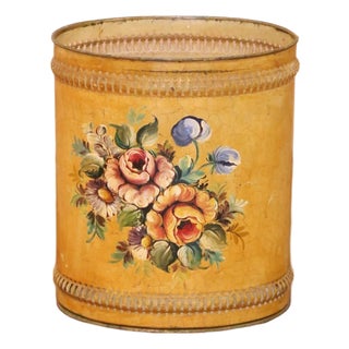 Mid-Century French Hand-Painted Floral Tole Waste Basket For Sale