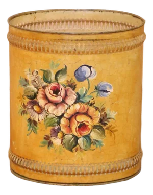 Mid-Century French Hand-Painted Floral Tole Waste Basket