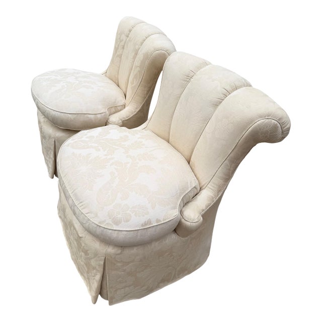 Custom Scallop Backed, Skirted Slipper Chairs in Cloud Dancer Damask, a Pair For Sale