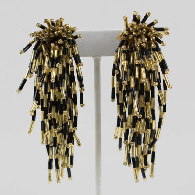 Contemporary Waterfall Black and Gold Glass Beaded Dangle Clip Earrings For Sale - Image 3 of 8