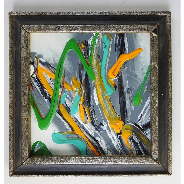 Mid-Century Modern Small Vintage Abstract Green Yellow & Gray Painting For Sale - Image 3 of 3