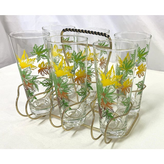Mid 20th Century Vintage Highball Glasses With Fall Leaves Design and Caddy- Set of 7 For Sale - Image 5 of 12