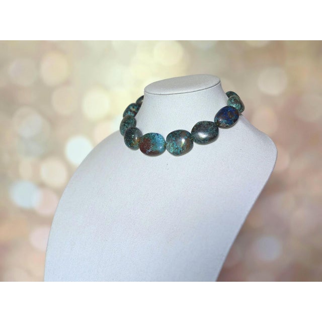 Dark Green Vintage Arizona Chrysocolla Statement Necklace, Large Natural Gemstone Beads, Sterling Silver Karl Lagerfeld Clasp, Boho Jewelry For Sale - Image 8 of 10