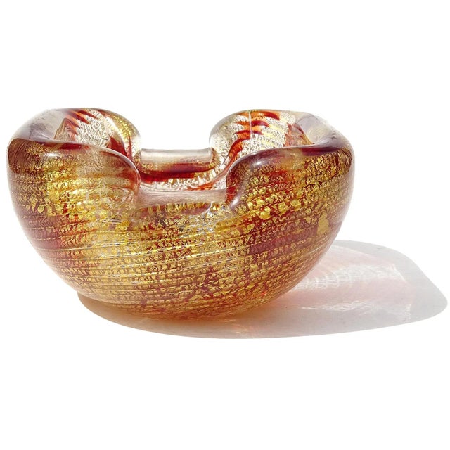 Murano Murano Vintage Red Bands Optic Swril Pattern Gold Flecks Italian Art Glass Chunky Ashtray Bowl For Sale - Image 4 of 11