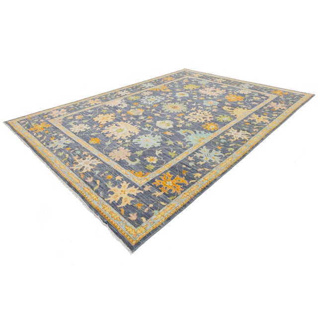 Modern Hand-Knotted Oushak Style Wool Rug in Slate Blue, Ochre & Pastel Accents For Sale - Image 11 of 11
