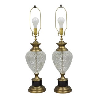 Late 20th Century French Empire Cut Crystal Glass Urn & Brushed Brass Table Lamps by Wildwood Pair For Sale