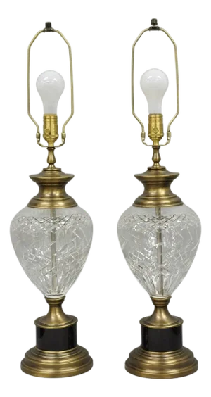 Late 20th Century French Empire Cut Crystal Glass Urn & Brushed Brass Table Lamps by Wildwood Pair