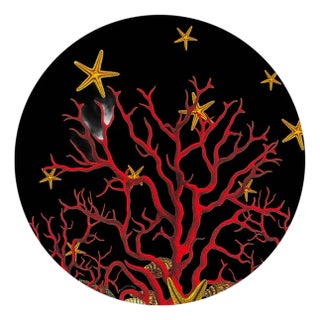Coral Reef Vegan Leather Round Pebble Placemat, Black, Set of 4 For Sale