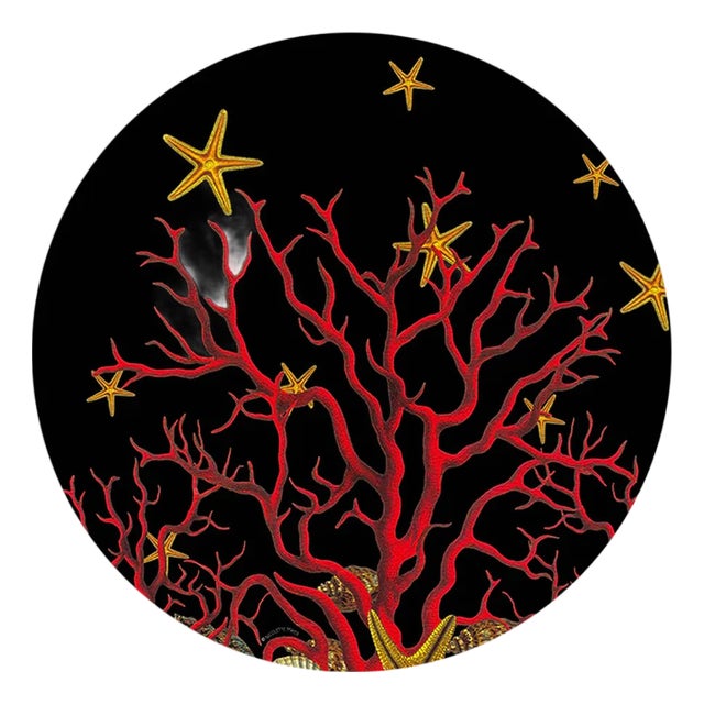 Coral Reef Vegan Leather Round Pebble Placemat, Black, Set of 4 For Sale
