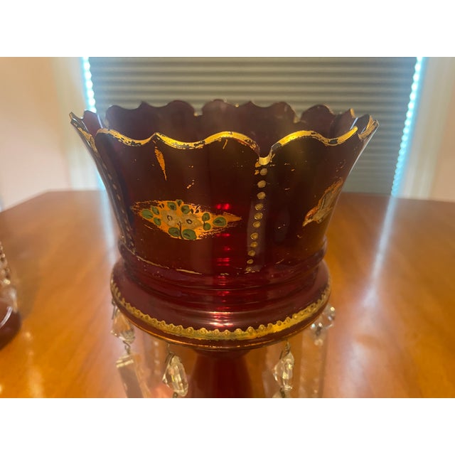 Pair of Bohemian Ruby Cranberry Glass Mantle Lusters With Gold Bird and Peacock Motifs and Crystal Prisms For Sale - Image 12 of 14
