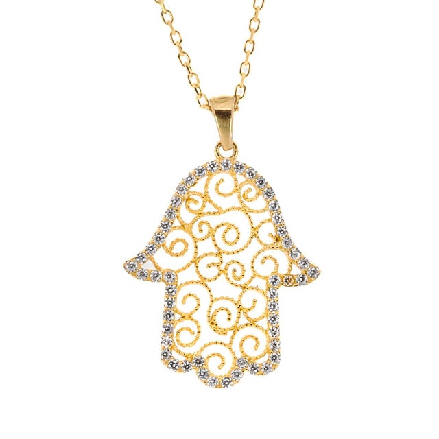 Metal Spiral Design Hamsa Gold & Diamond Necklace For Sale - Image 7 of 7
