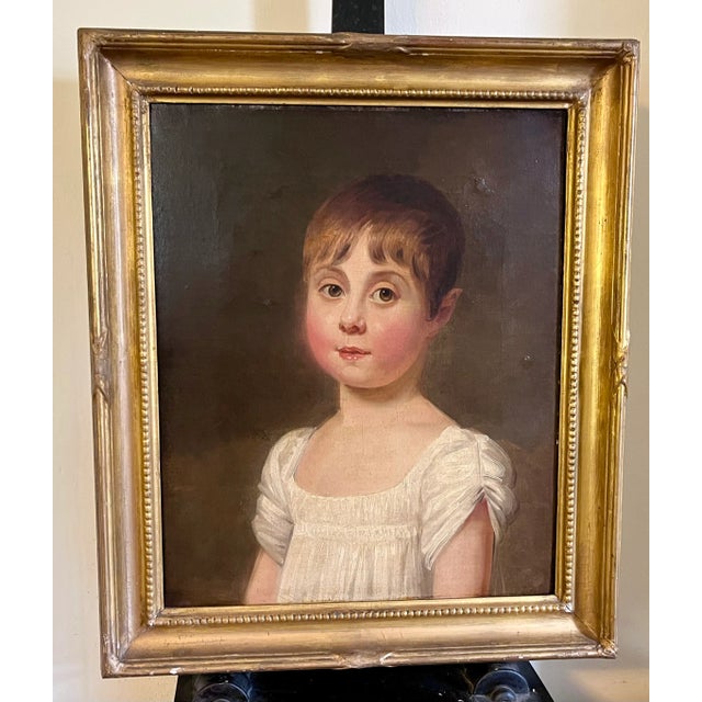 Antique Early 19th Century American Oil Painting on Canvas Portrait of a Young Girl in Original Giltwood Frame For Sale - Image 4 of 8