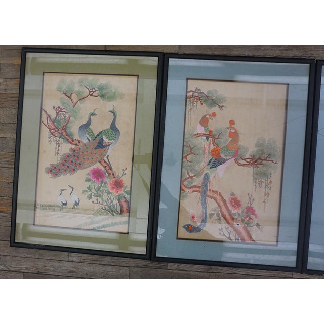 Wonderful Ivory Color With Floral Design Antique Set of Silk Embroidery of Peacock & Phoenix For Sale - Image 11 of 15