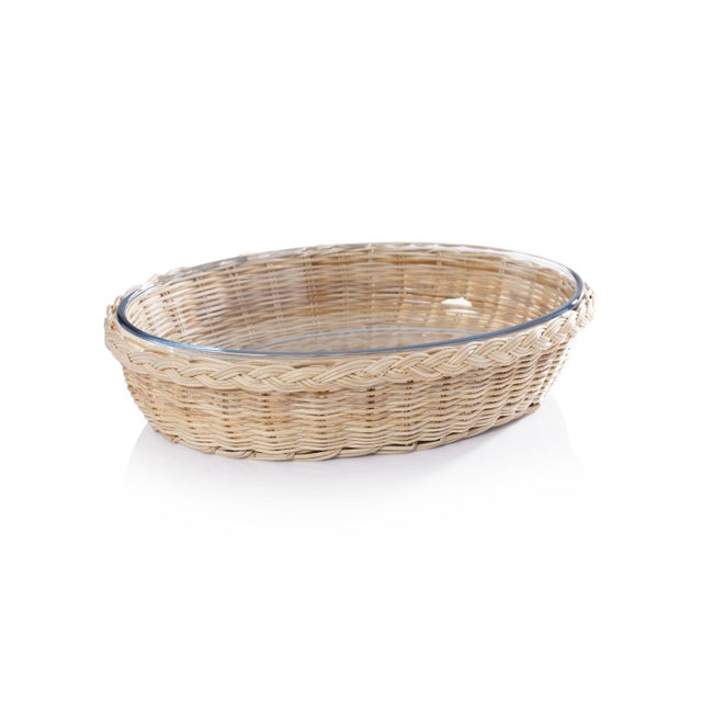 Wood The Palmier Oval Pyrex in Rattan Basket, 14.5" x 10.25" x 3.25" For Sale - Image 7 of 7