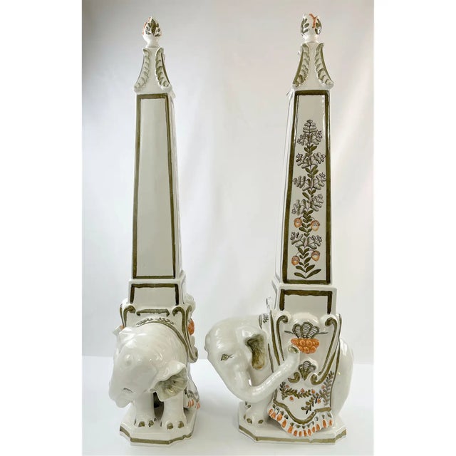 Mid 20th Century Italian Majolica Elephant Obelisks by Meiselman Imports - A Pair For Sale - Image 11 of 13