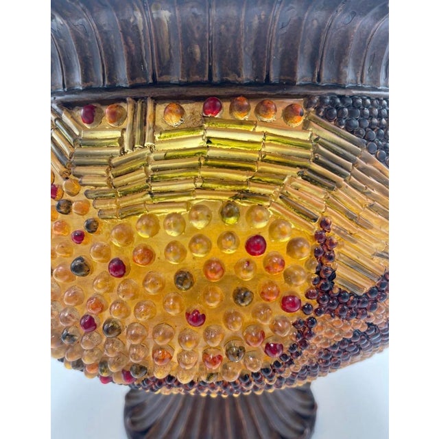 Vintage Jeweled Mosaic Pedestal Bowl and 3 Candleholders Gold Amber For Sale - Image 6 of 13
