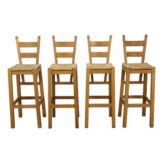 Vintage Bar Stools in Oak and Rattan, 1970s, Set of 3 For Sale