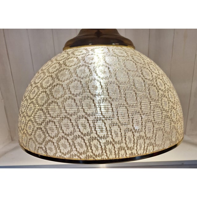 Beige Vintage Height-Adjustable Hanging Lamp with Patterned Plastic Shade on Brass Mount, 1980s For Sale - Image 8 of 10
