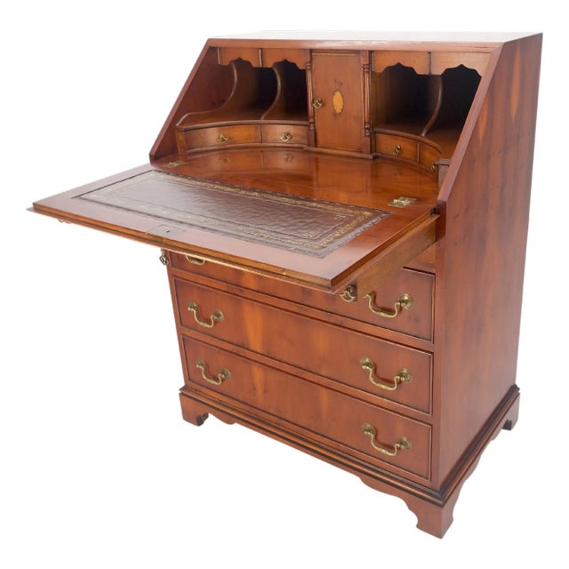 Yew Wood Leather Top Drop Front Secretary Desk 3 Drawers Brass Hardware For Sale