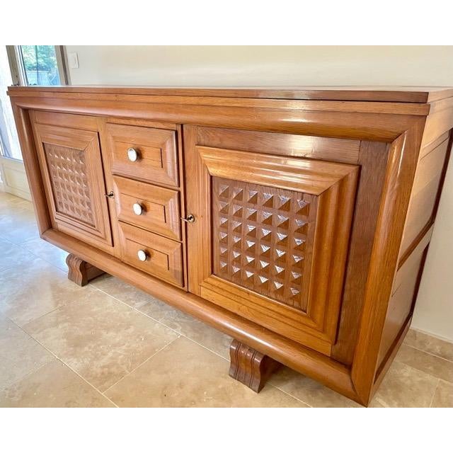 1940s French Art Deco Geometric Carved Oak Sideboard, Style of Charles Dudouyt, 1930s For Sale - Image 5 of 6