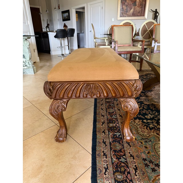 Chippendale Late 20th Century Chippendale Hand Carved Hardwood Bench With Claws & Ball Legs For Sale - Image 3 of 4