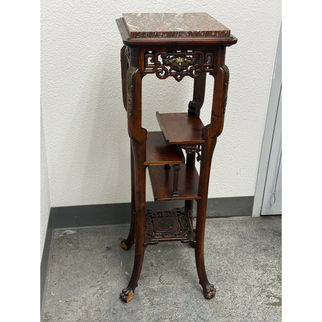 Chinoiserie Chinoiserie Carved Wood Tiered Marble Top Stand, Vintage For Sale - Image 3 of 12