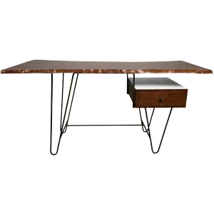 1950s Hairpin Desk With Floating Drawer and Custom Free Edge Walnut Top