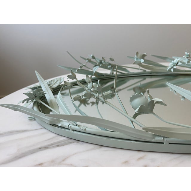 Light Green Vintage Italian Tole Floral Chinoiserie Style Oval Mirror in Soft Shade of Green For Sale - Image 8 of 18