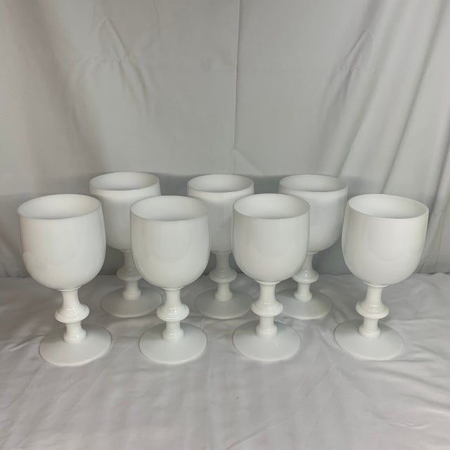 Shabby Chic 1930s French Portieux Vallerysthal White Opaline Water Goblets 6.5” - Set of 7 For Sale - Image 3 of 9