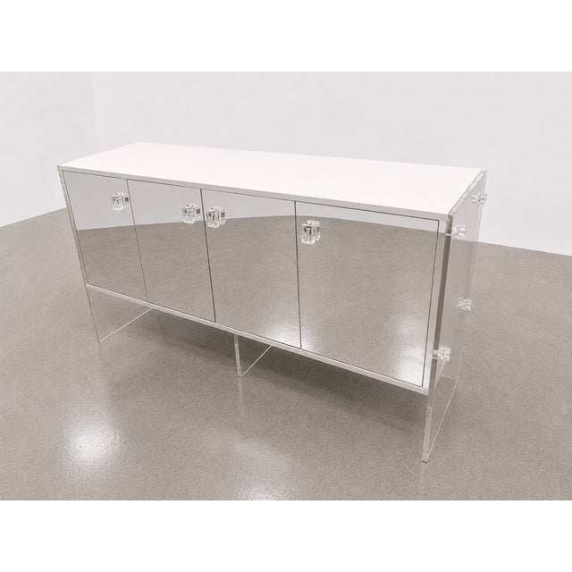 White Vintage Mirrored Credenza With Lucite Sides & White Laminate For Sale - Image 8 of 9