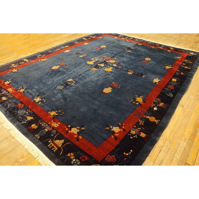 1920s Blue Vase Floral Antique Chinese Peking Rug 9' 1'' X11' 6'' Knotted Wool For Sale - Image 4 of 11