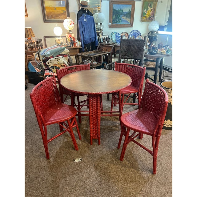 Mid-Century Modern 1950s Heywood Wakefield Petite Round Red Dining Wicker Set For Sale - Image 3 of 8