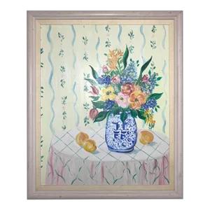 Late 20th Century Modern Still Life Acrylic Painting 'Flowers in Blue Vase With Oranges on Table'