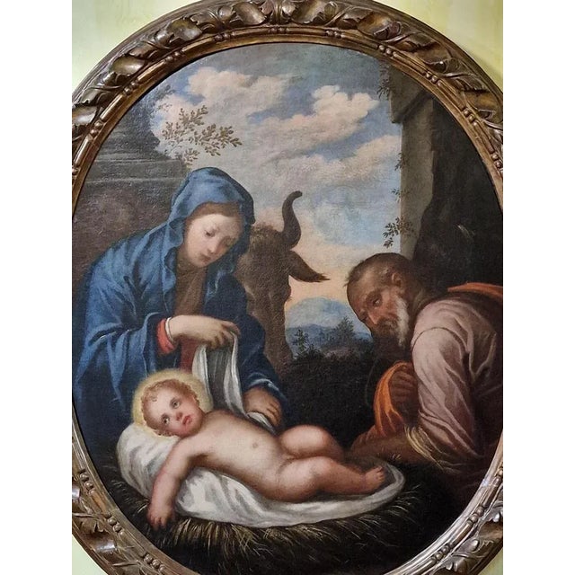 Splendid Italian oil painting on canvas "The Nativity" of the Neapolitan school, anonymous early 18th century period.